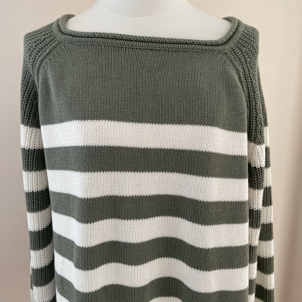 Aerie Bistro Roll Neck Relaxed Sweater Women's L Olive Green Striped Cotton NWOT - Picture 16 of 16